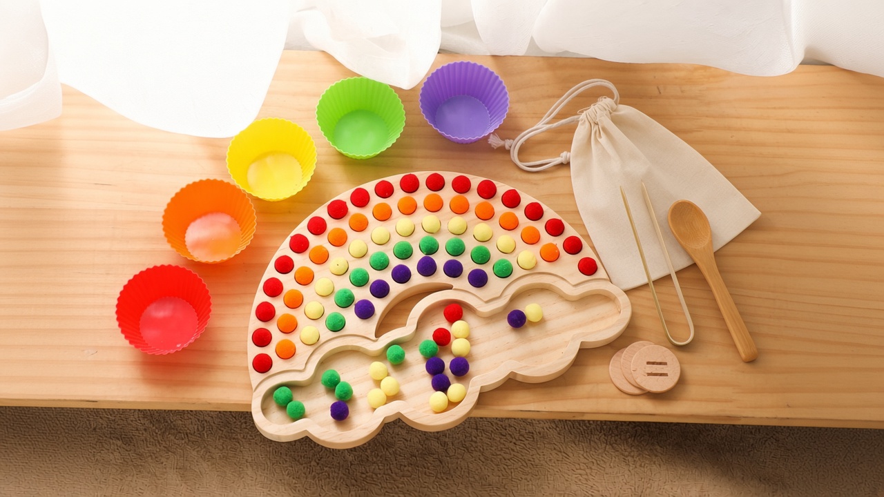 Regenboog houten kleurensorteer sensorisch bord